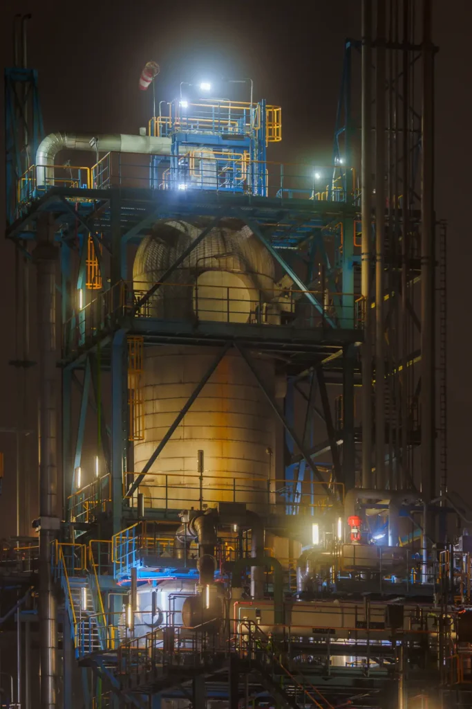 Op deze "nacht"foto is een onderdeel van een raffinaderij in de Botlek te zien. Gemaakt door fotograaf René NIcolaes.